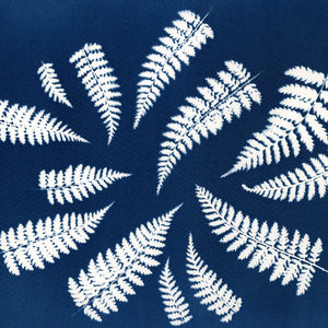 close up of cyanotype blue art print featuring Ontario ferns