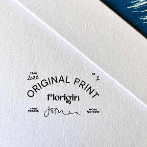 Close up of Artist stamp on artwork. Text says 'Original Print, Florigin', signed by Jo Thomson of Mono, Ontario.